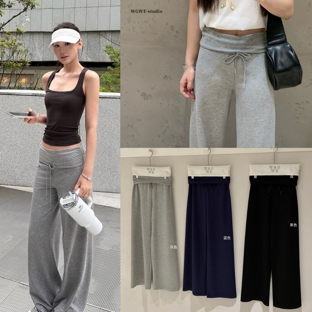 ❤ 🧵 🇰🇷 W9655 กางเกงขายาว ผ้ายืด แต่งผ้าช่วงเอว มีเชือกรูด งานสวย ผ้าดีใส่บาย ยืดหยุ่นได้ดี แฟชั่นเกาหลี TAG WG.WE 🧡