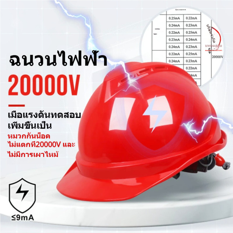 หมวกนิรภัย ABS กันกระแทก กันไฟฟ้า 20000V ระบายอากาศ ปรับสายรัดได้ หมวกเซฟตี้งานก่อสร้าง สีแดง เหลือง ขาว