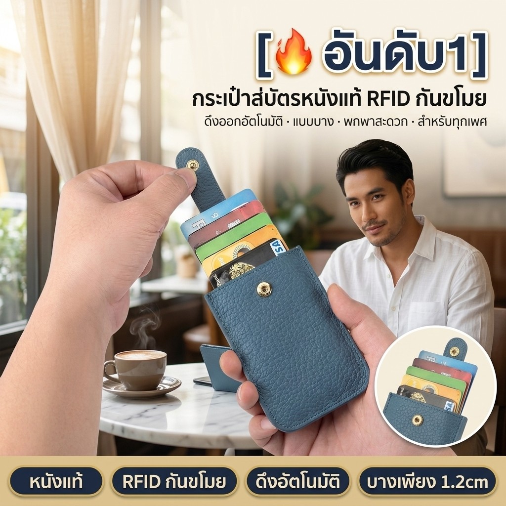 [ป้องกันการสแกน RFID] กระเป๋าใส่บัตรหนังแท้กันขโมย กระเป๋าใส่บัตรแบบดึงออกบางเฉียบ กระเป๋าเก็บบัตรเครดิตธนบัตรเหรียญสะดวก