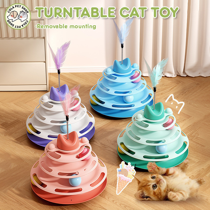 Cat Tower Spinning Balls ของเล่น 4 ชั้นพร้อมของเล่นขนนก Mainan Kucing 猫盘转玩具