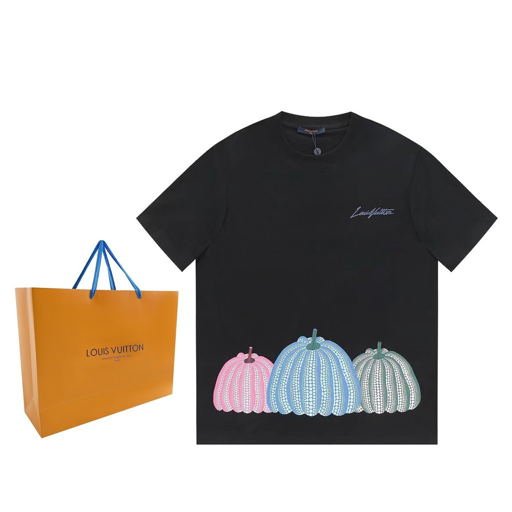 LOUIS VUITTON/LV/2026 คลาสสิกรอบคอแขนสั้นเสื้อยืดผู้ชายผู้หญิงกีฬาสไตล์ที่มีสีสันผ้าฝ้ายแท้ Original