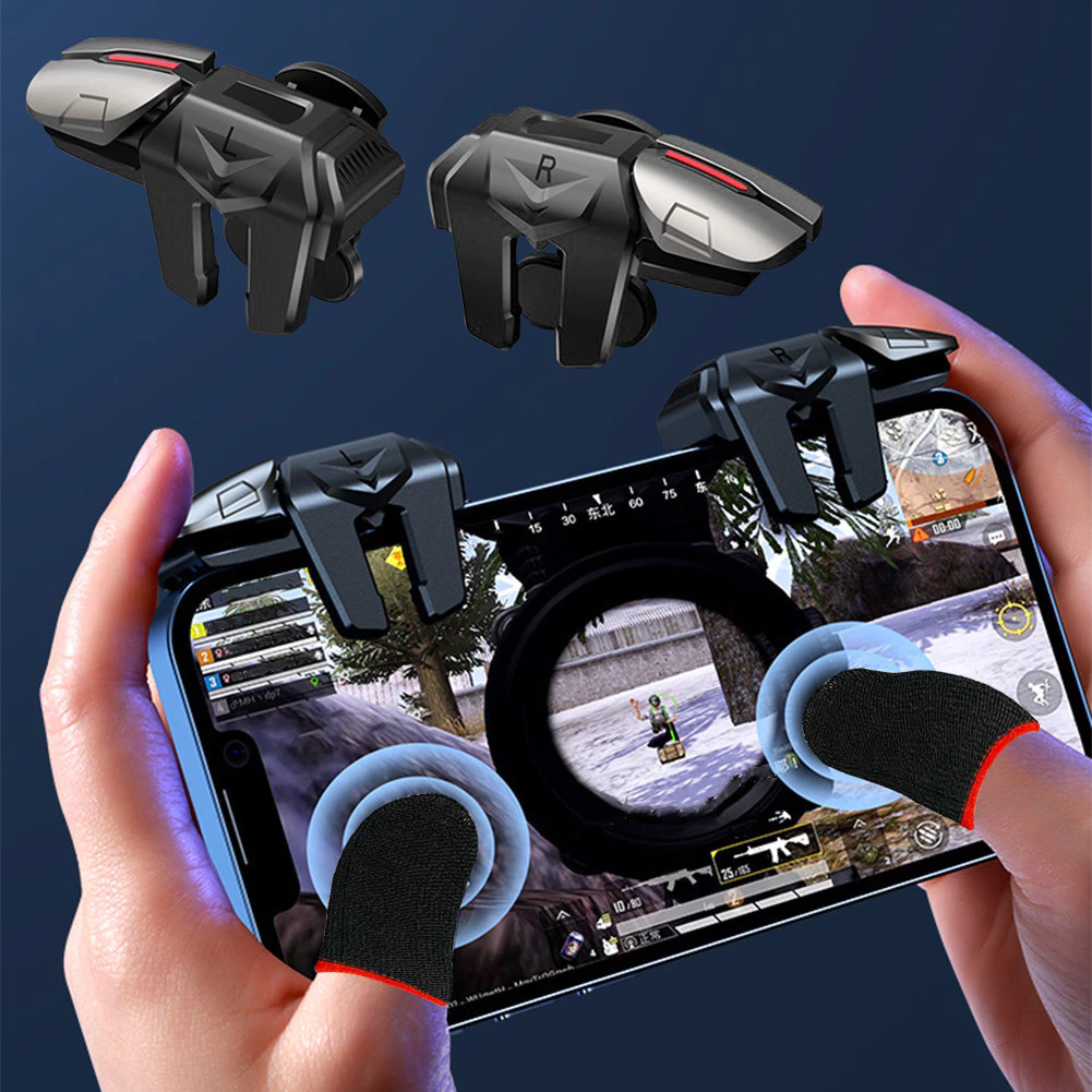 ปุ่มยิงเกม 4 ขา พร้อมถุงนิ้ว จอยมือถือ อุปกรณ์ช่วยเล่นเกม สำหรับเกม FPS และ MOBA