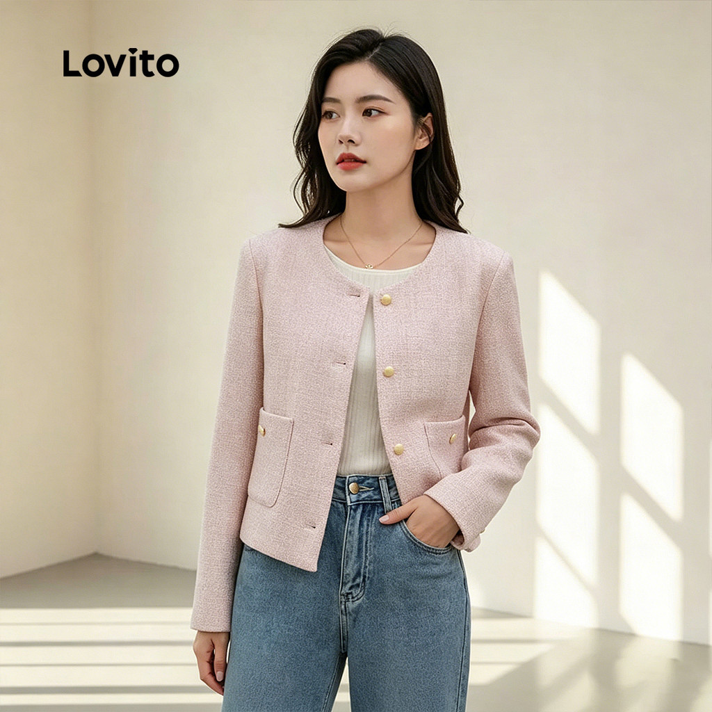 Lovito เสื้อโค้ทผู้หญิง ทรงหรู แขนยาว ฤดูใบไม้ร่วง ฤดูหนาว สีชมพู พร้อมกระเป๋าและเข็มขัด L156AD250