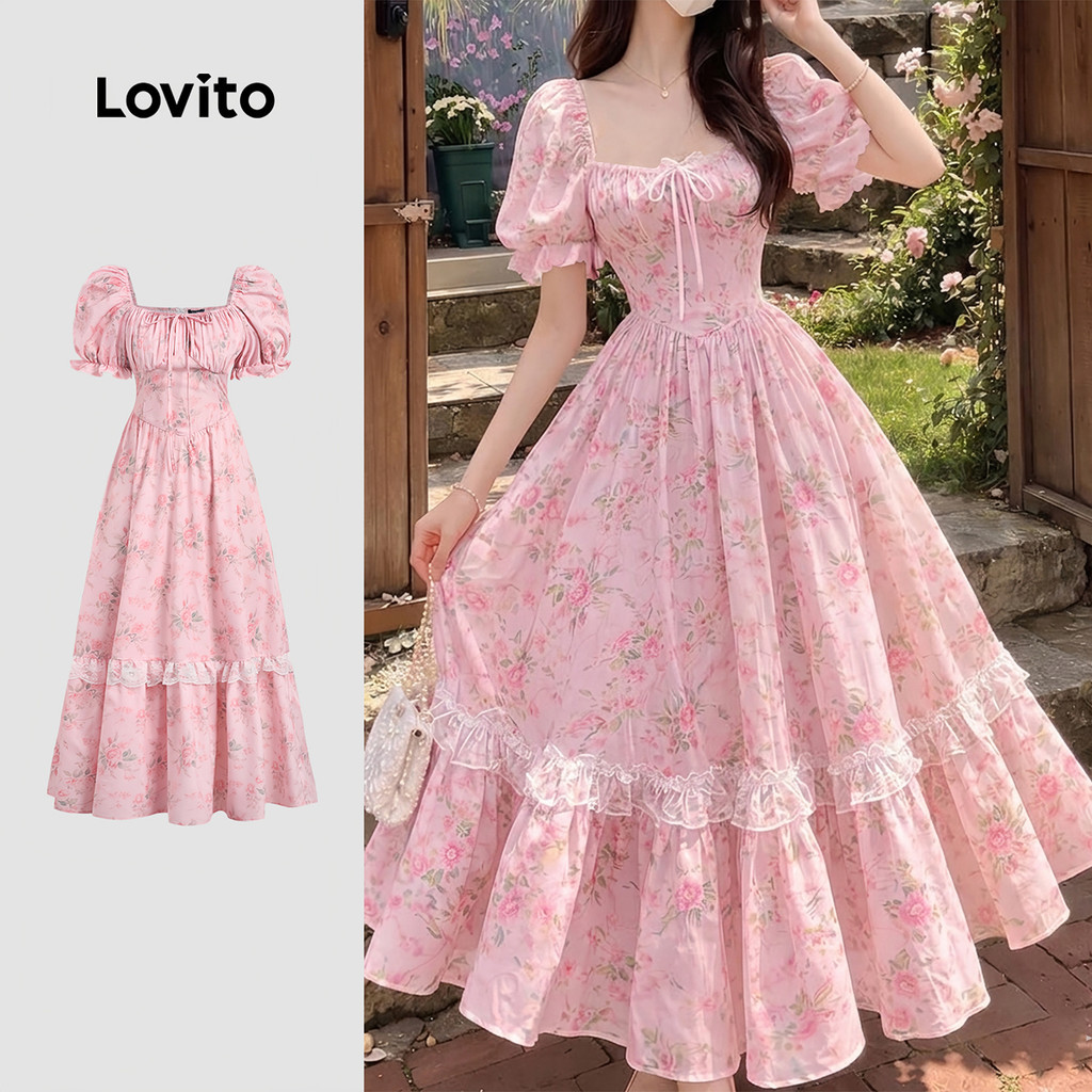 Lovito ชุดเดรสโบโฮชายกระโปรงระบายฟูฟ่องสไตล์สปริง/ฤดูร้อนสําหรับผู้หญิง L189ED140