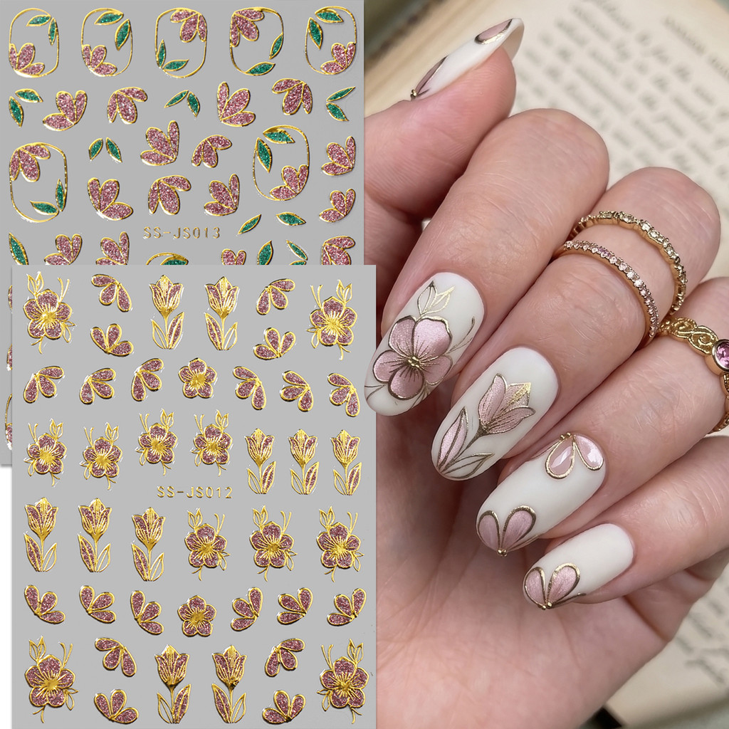 HAMA Gold ฟอยล์เล็บสติกเกอร์ Glitter ดอกไม้ Star Moon หรูหราภาษาฝรั่งเศสคําเล็บ Decals กาวตกแต่งเล็บ SS-JS012-015
