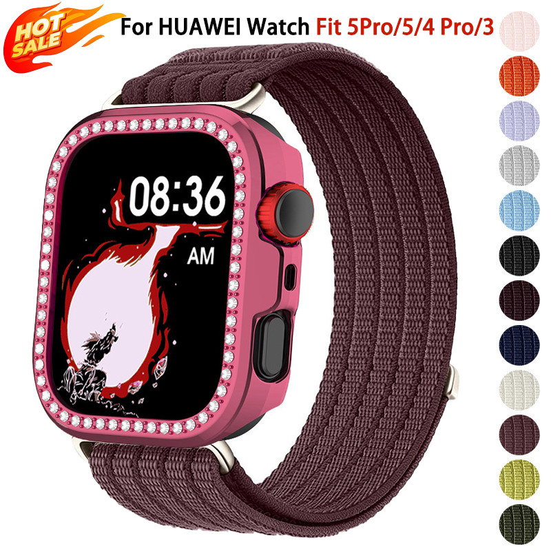 เคสพีซีประดับเพชร + สายไนลอน สําหรับ Huawei Fit 5/5 Pro/Fit 4/4 Pro/Fit 3 ดีไซน์ฝาครอบกลวง พร้อมสร้อยข้อมือแฟชั่นผู้หญิง