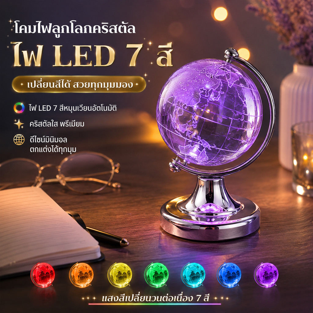 【จัดส่งจากกรุงเทพฯ】ลูกโลกคริสตัลจิ๋วหมุนได้ 360° ไฟ LED 7 สีสุ่มเปลี่ยนอัตโนมัติ แต่งห้อง แต่งโต๊ะ น่ารักมาก