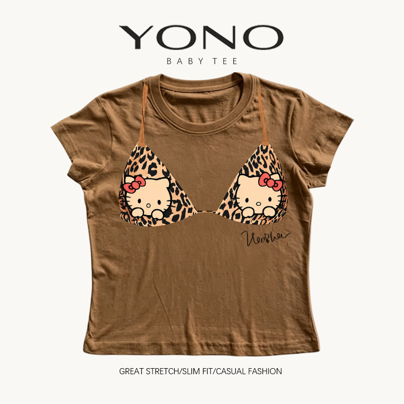 (พร้อมส่ง24ชม.) baby tee สีน้ำตาล ลายบิกินี่เสือดาวแมวน่ารัก ฟีลแซ่บวินเทจ ทรงเข้ารูป ใส่แล้วเด่นมาก