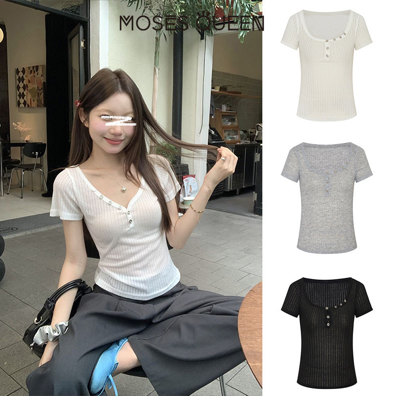 MOSESQUEEN  โปโลเซ็กซี่แขนสั้นเอวหยิกแน่นรอบคอสาวเผ็ดเสื้อยืดผู้หญิงฤดูร้อน #62161