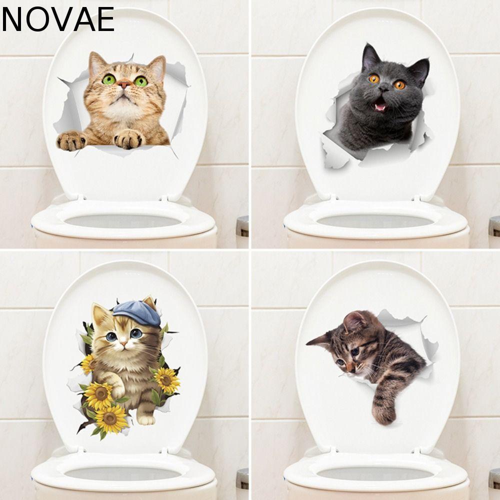 NOVAE สติ๊กเกอร์ติดห้องน้ําแมว, DIY แมวน่ารักรูปลอกผนัง,ตลกกันน้ํา 3D Self-กาวที่นั่งชักโครกรูปลอกห้องน้ํา