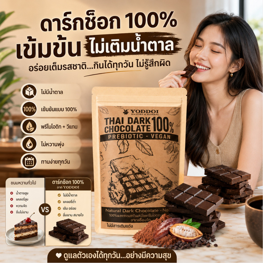 ช็อกโกแลต🍫ช็อกโกแลตดำบริสุทธิ์ 100% จากเชียงราย 0 น้ำตาล ฟิตเนส ไขมันต่ำ รสชาติกลมกล่อม