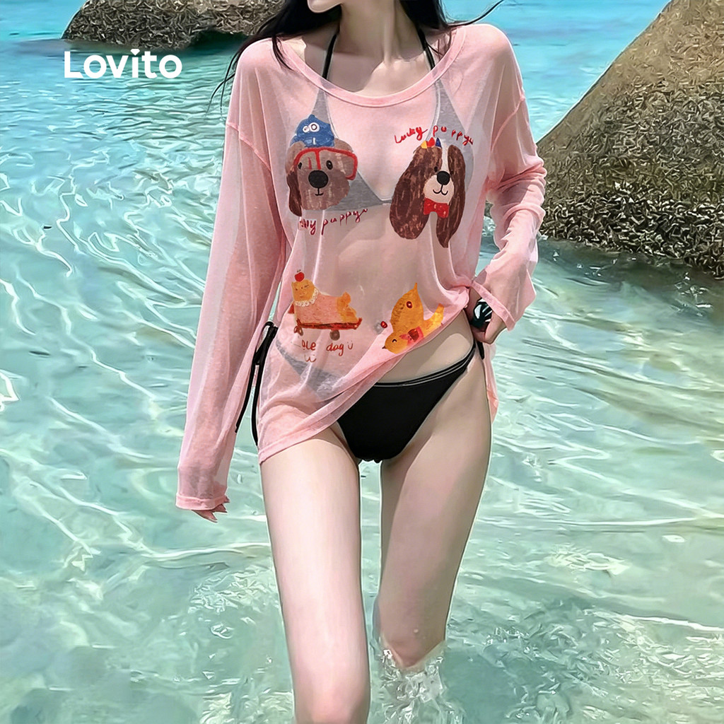 Lovito  กิโมโนลําลองลายโปร่งแสง งดงาม สีขาวสําหรับฤดูใบไม้ผลิ/ฤดูร้อนสําหรับผู้หญิง LNE143X053