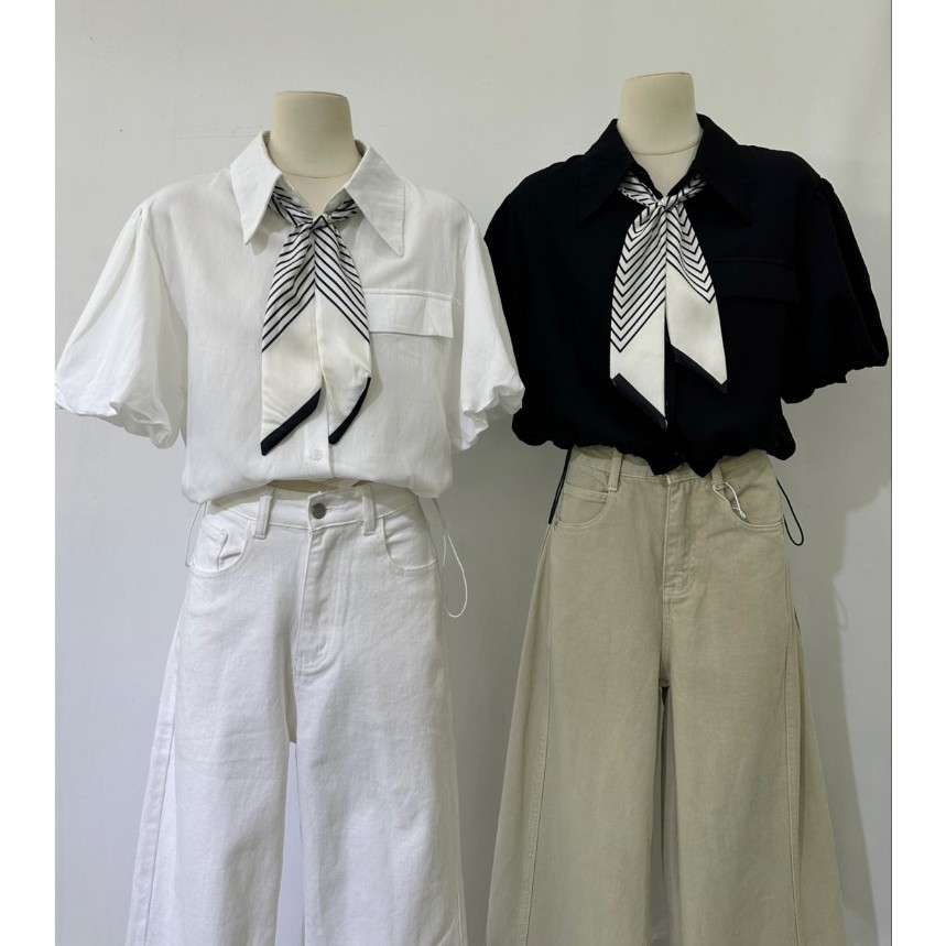 M2143 เสื้อเชิ้ตแขนตุ๊กตา แถมฟรีผ้าพันคอ! ลุค Minimal & Cafe Hopping ต้องมี