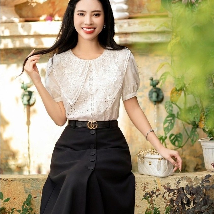 เสื้อคอปกปักสีขาววินเทจ เอสเอ็ม661 - เสื้อเชิ้ตผู้หญิง ฮองวิค