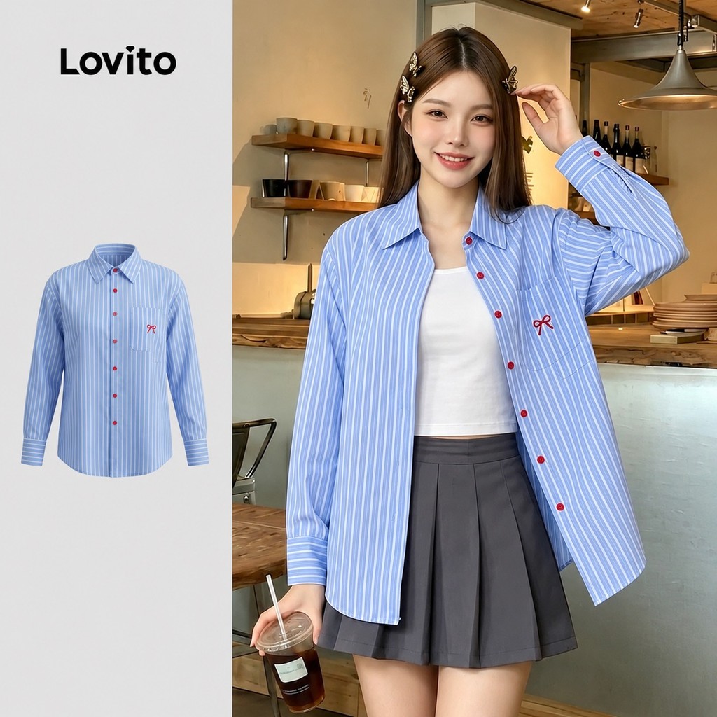 Lovito เสื้อเบลาส์ผู้หญิง มีกระดุม ปักลาย มีกระเป๋า ลายทาง สไตล์ลำลอง L102AD094