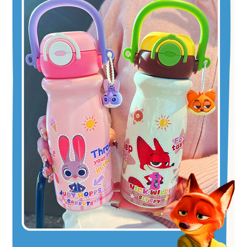 แก้วน้ําเก็บความร้อน Zootopia 316 สแตนเลส 500ml | ฝาฟางสาลี ปลอดภัยไร้สารพิษ | ลายจูดี้นิค ดื่มได้ 2 แบบ เหมาะเป็นของขวัญเพือน