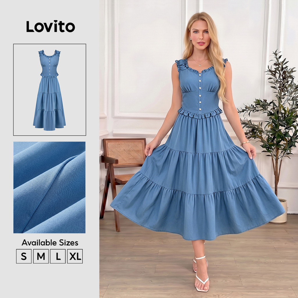 Lovito แคชชวล เสื้อตัวบนหรือตัวล่างสีน้ำเงินระบายสบายมือสำหรับทุกฤดูกาลสำหรับผู้หญิง LBL26013