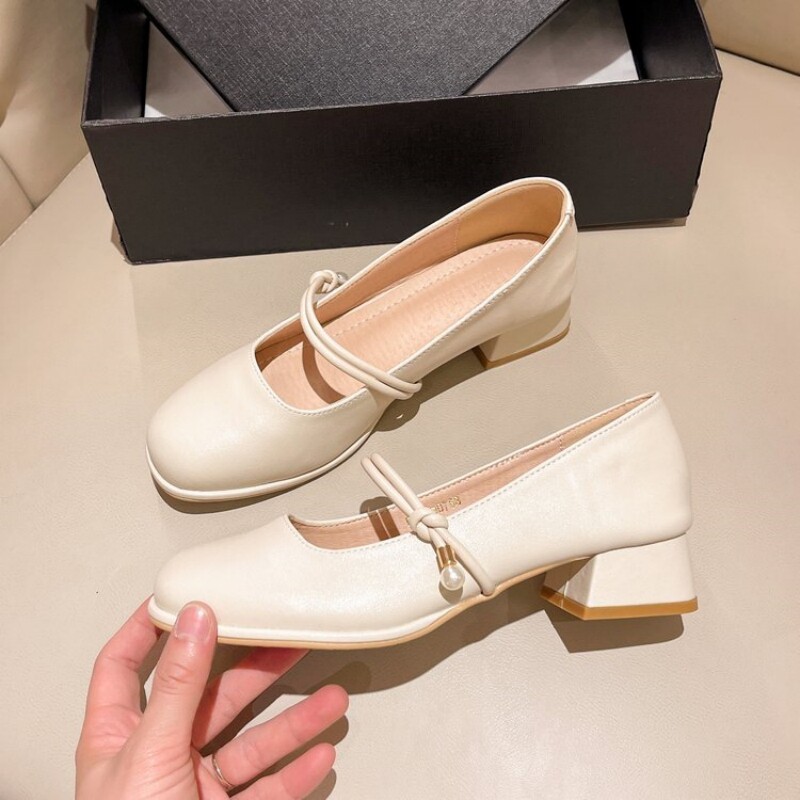 แมรี่เจน marry jane shoes mary jane shoes Mary Jane Shallow Mouth Small Square Toe ส้นหนาสไตล์ตอนเย็