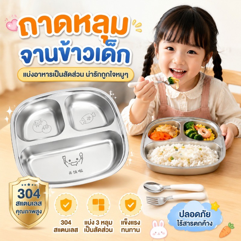 COD ถาดหลุม 3 หลุม จานข้าวเด็ก มีช้อนและฝาปิด จานหลุมสแตนเลส ดีไซน์รูปทรงการ์ตูนน่ารัก