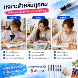 SKY พู่กันเติมน้ำ 6 ด้าม ขนาด 19 ซม. หัวแหลม หัวแบน พู่กันสีน้ำ ปากกาพู่กันระบายสี Water Brush Pen Set