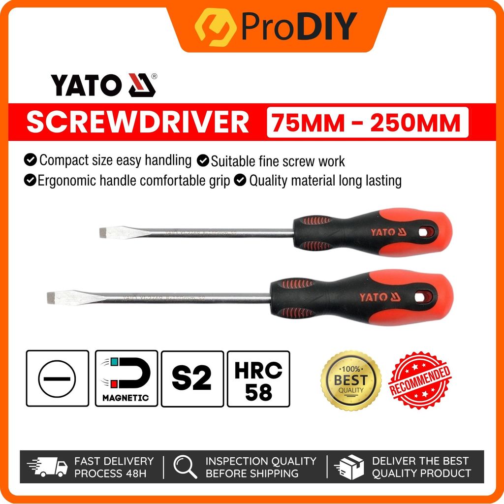 YATO Slotted ไขควง 75 มม.-250 มม.ปลายแม่เหล็กทนทาน Ergonomic Handle Pemutar Spru Heavy Duty