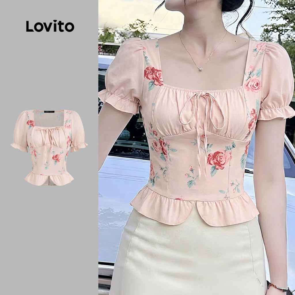Lovito เสื้อเบลาส์ผู้หญิง ผ้าตัดต่อลวดลายผ้าเรียบหรูสําหรับฤดูใบไม้ผลิ/ฤดูร้อน LK6ED200