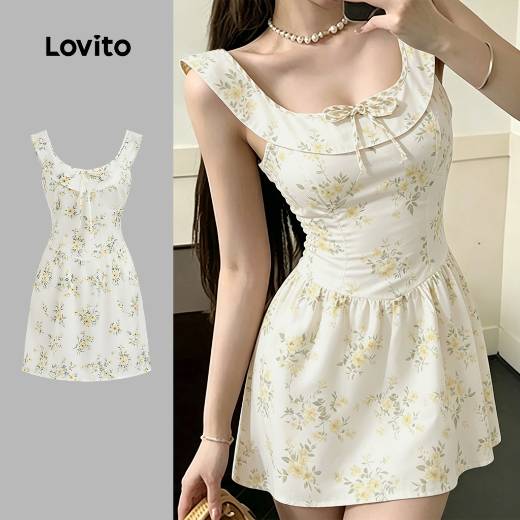 (New Arrival) Lovito ชุดเดรสลําลอง แขนระบาย สําหรับฤดูใบไม้ผลิ/ฤดูร้อน ของผู้หญิง L197AD1055