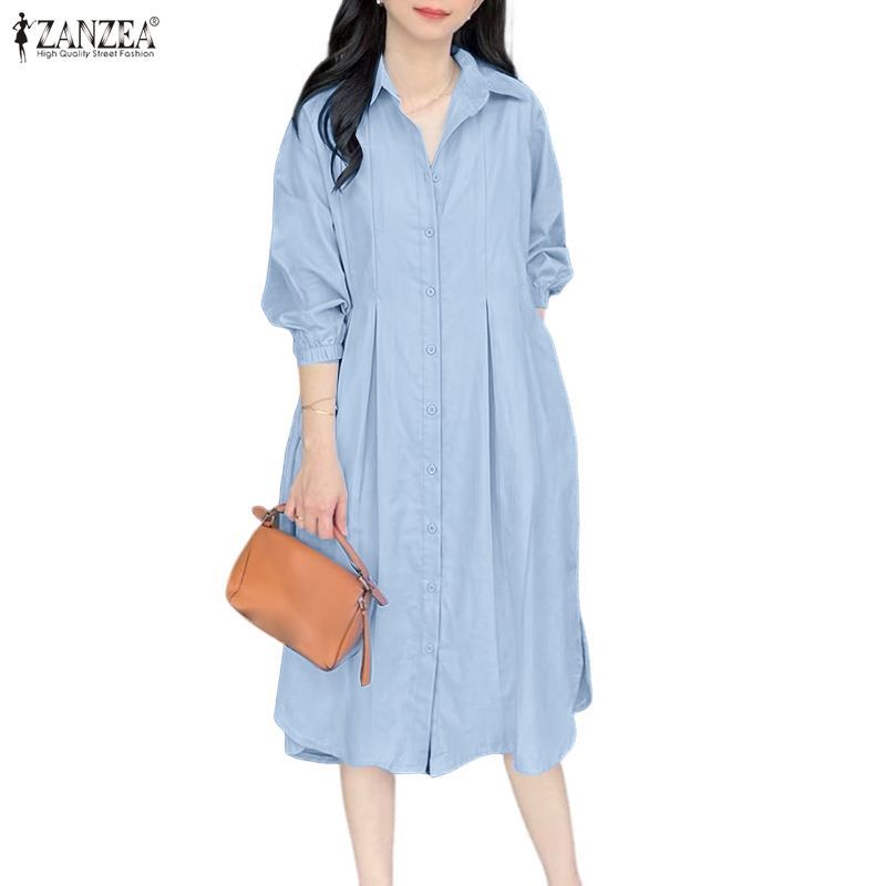 ZANZEA ใส่ ซานเซีย ผู้หญิงแฟชั่นเกาหลีแข็ง3/4แขนกระเป๋าด้านข้างปุ่มลงด้านหน้าชุด
