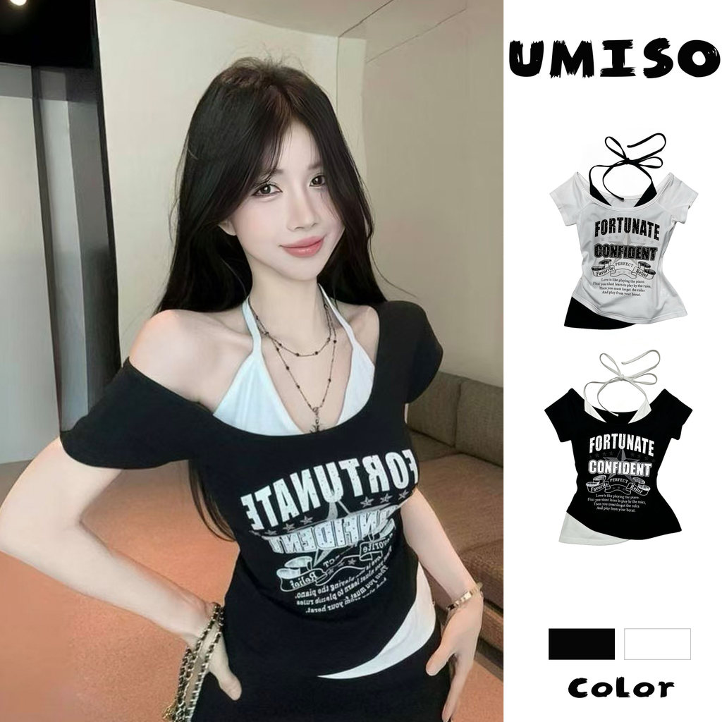 UMISO ส่งไวจากไทย เสื้อยืดผู้หญิง ลายพิมพ์ตัวอักษร ดีไซน์สองชั้น น่ารัก เซ็กซี่ มีให้เลือกสองสี
