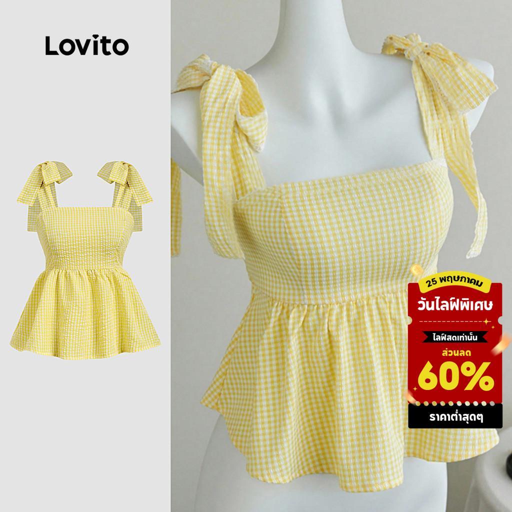 Lovito  เสื้อท่อนบนสีเหลืองอ่อนสไตล์ฤดูใบไม้ผลิ/ฤดูร้อนสําหรับผู้หญิง ผูกด้านหน้าอย่างมีสไตล์ สวมใส่สบาย L172ED1865