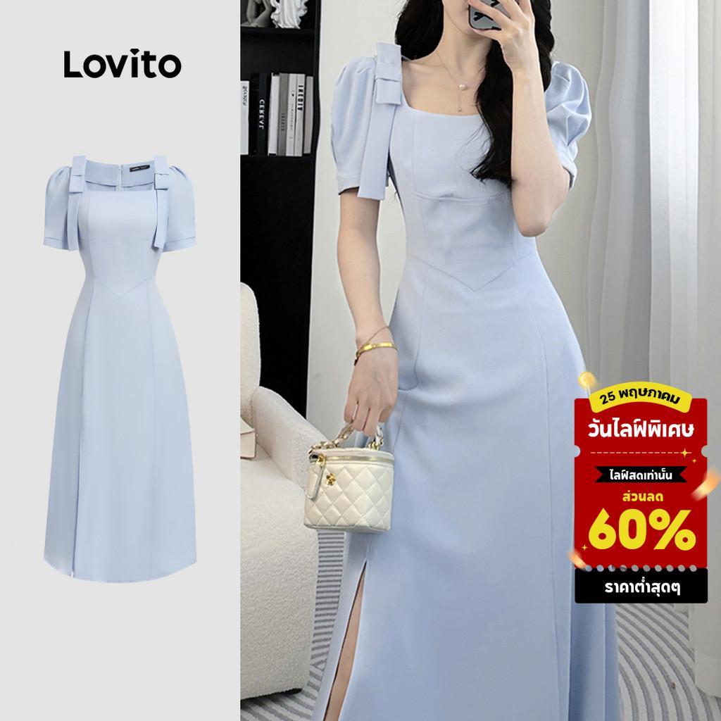 Lovito ชุดเดรสโบว์สีพื้นแบบลําลองสําหรับผู้หญิง L133ED597