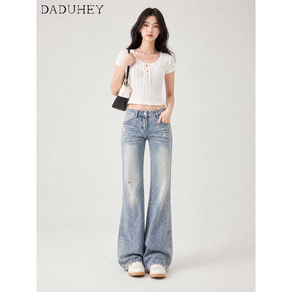 DaDuHeyDaDuHey 2026 Summer New All-Match Mopping Bell-Bottom Pants American Hot Girl Low Waist Lace Edge Skinny Jeans
