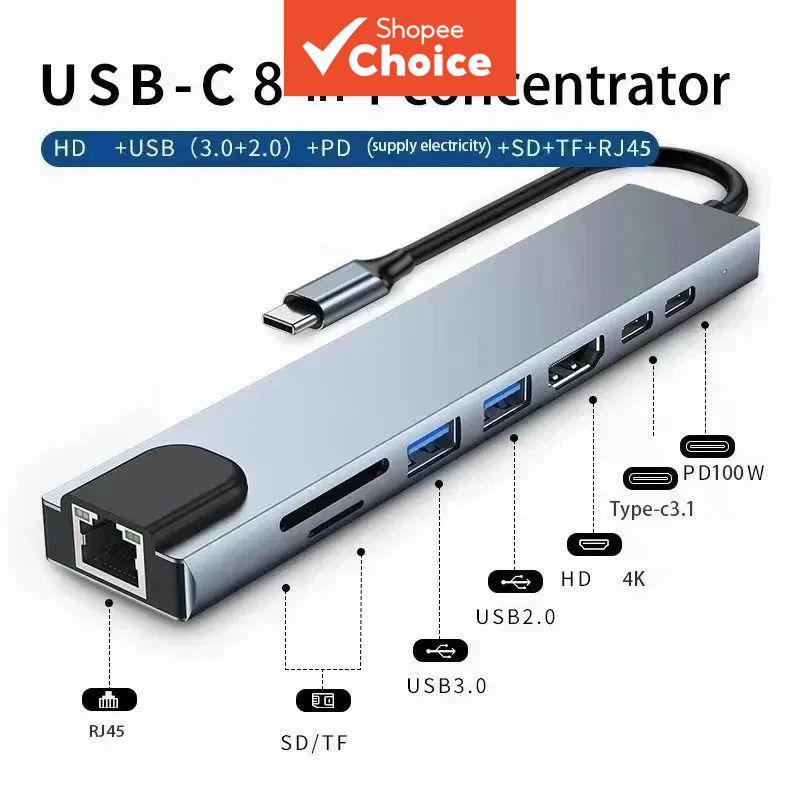 ตัวอ่านการ์ด 8-in-1 USB-C 4K HDMI RJ45 SD/TF พร้อมช่อง USB Hub สําหรับ MacBook และแล็ปท็อป PC