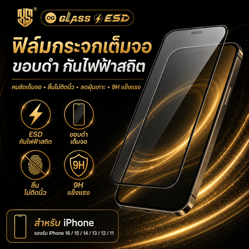 ฟิล์มกระจกสำหรับiPhoneแบบเต็มจอจอโค้ง ป้องกันไฟฟ้าสถ OG 15Promax/14PROMAX/13PROMAX/14/13 Pro/12 Pro Max/12/11/XR/7P