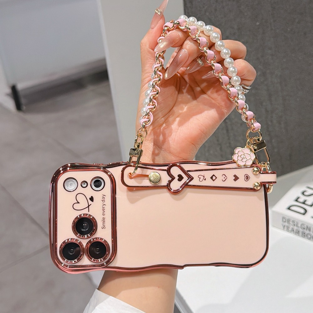 สีฟ้าสีชมพูสีดํา Electroplated Wave Mountain Camellia Pearl สายรัดข้อมือเคสโทรศัพท์เหมาะสําหรับ iPhone 17ProMax 16 15 14 13 Anti-Fall