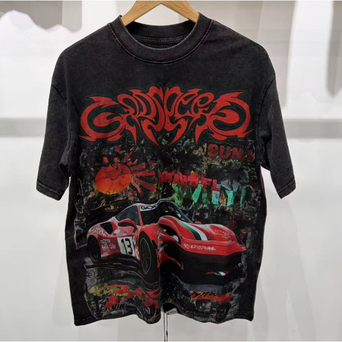 คุณภาพสูง Retro กีฬารถพิมพ์แขนสั้น Distressed ล้างหลวมเสื้อยืดผู้ชายผู้หญิงสไตล์เดียวกัน Street Casual Top