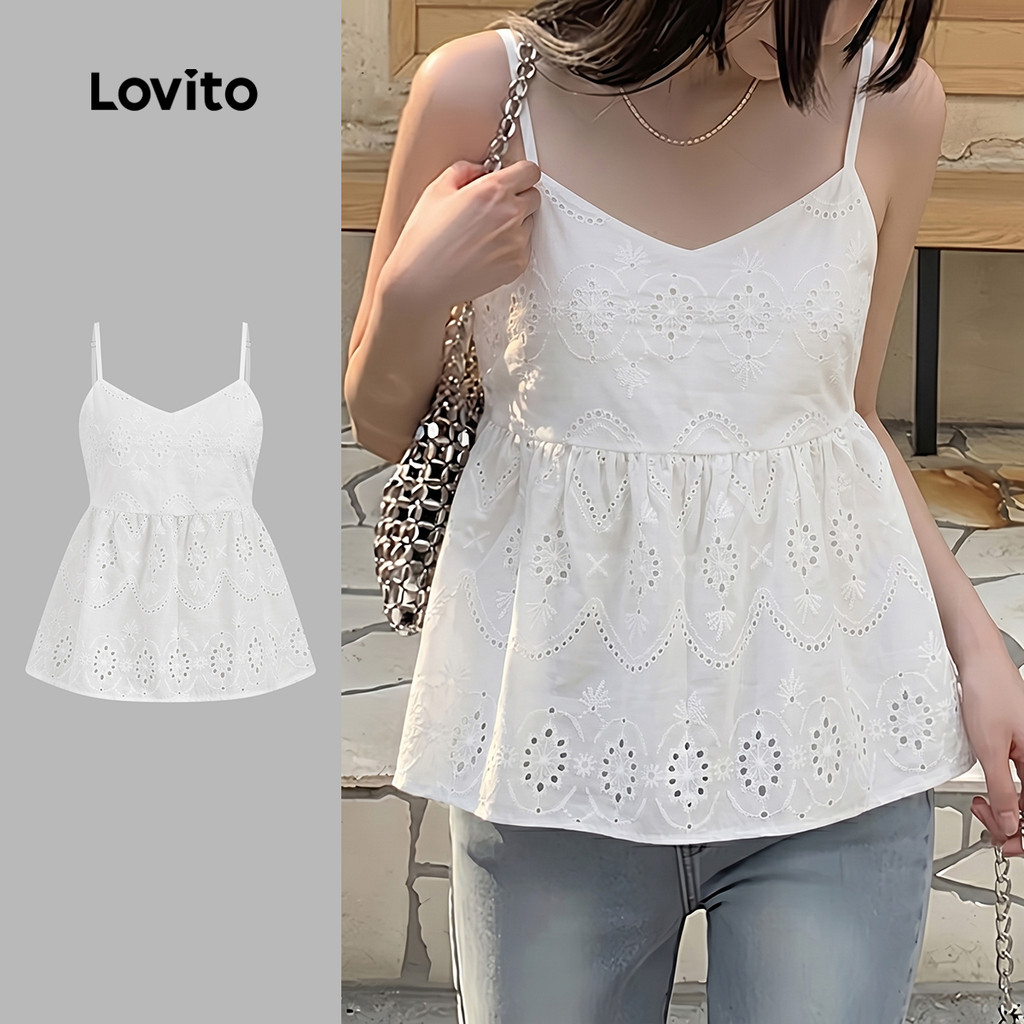 Lovito โบโฮ เสื้อสีขาวสําหรับฤดูใบไม้ผลิ/ฤดูร้อนของผู้หญิง ตัดด้านบนอย่างประณีต งานปักรูเข็ม LK4LD2627