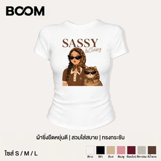 BOOM แฟชั่นเกาหลี เสื้อยืดคอกลมยืดหยุ่น ทรงกระชับ ลายสาวแมวลายเสือ สไตล์วินเทจY2K มีหลายสี แต่งง่าย ใส่สบาย ไม่ย้วย