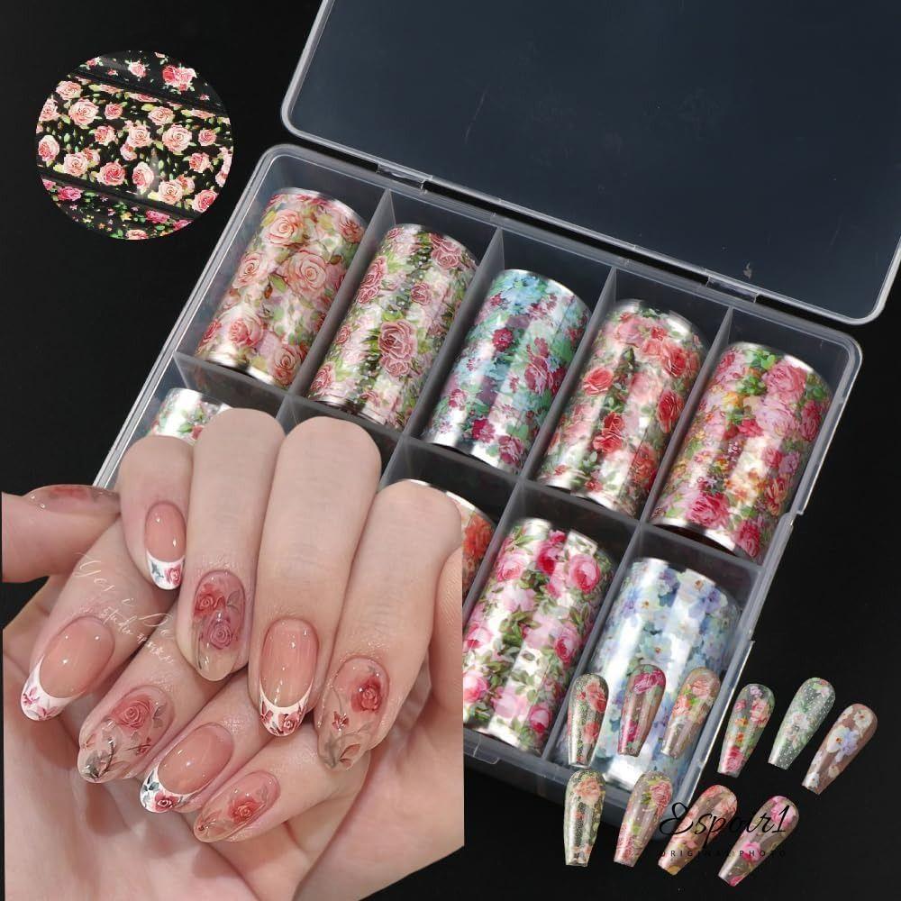 ESPOIR1 ฟอยล์ติดเล็บ, รูปลอกกระดาษถ่ายโอนฤดูใบไม้ผลิ, เล็บดอกไม้ร้อนตกแต่ง DIY แต่งเล็บ