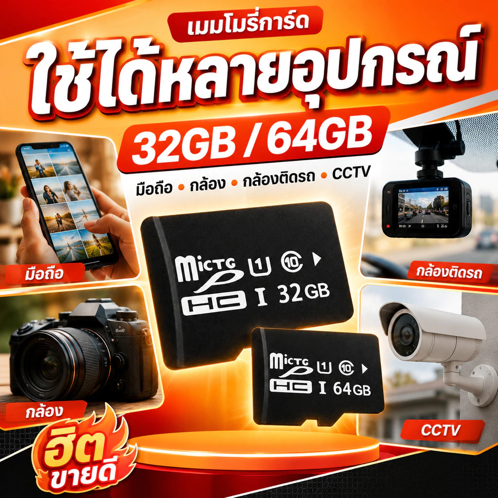 Micro SD Card 32GB 64GB เมมโมรี่การ์ดความเร็วสูง เก็บรูป วิดีโอ ไฟล์งาน ใช้กับมือถือ กล้องติดรถ CCTV COD