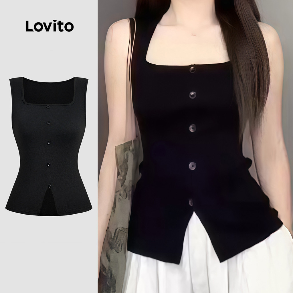 Lovito  เสื้อลําลองผู้หญิงสีดําผ่าหน้าฤดูใบไม้ผลิ/ฤดูร้อน L178ED335
