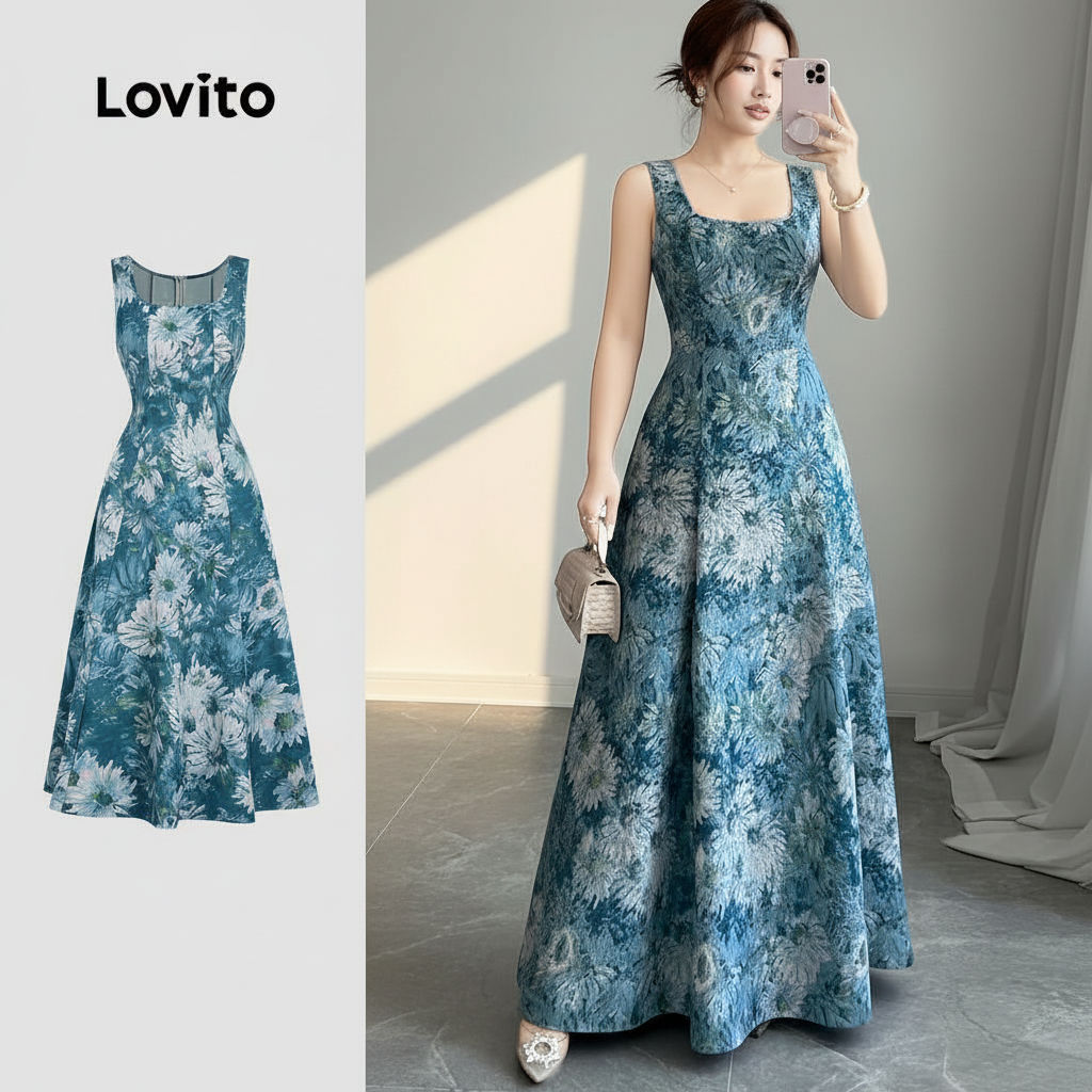 Lovito ชุดเดรสซิปสีฟ้าสําหรับฤดูร้อนของผู้หญิง LBL31060