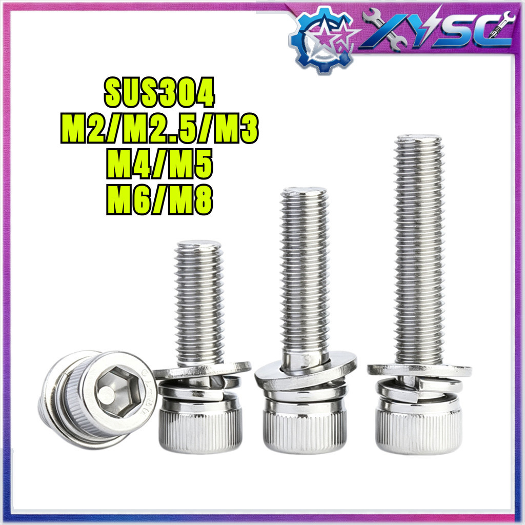 น็อต สกรู หัวจม พร้อม แหวน+สปริง+ตัวเมีย สเตนเลส 304 เกลียวมิล หยาบ / (Set) Cap Socket M2/M2.5/M3/M4/M5/M6/M8 H8-xy5