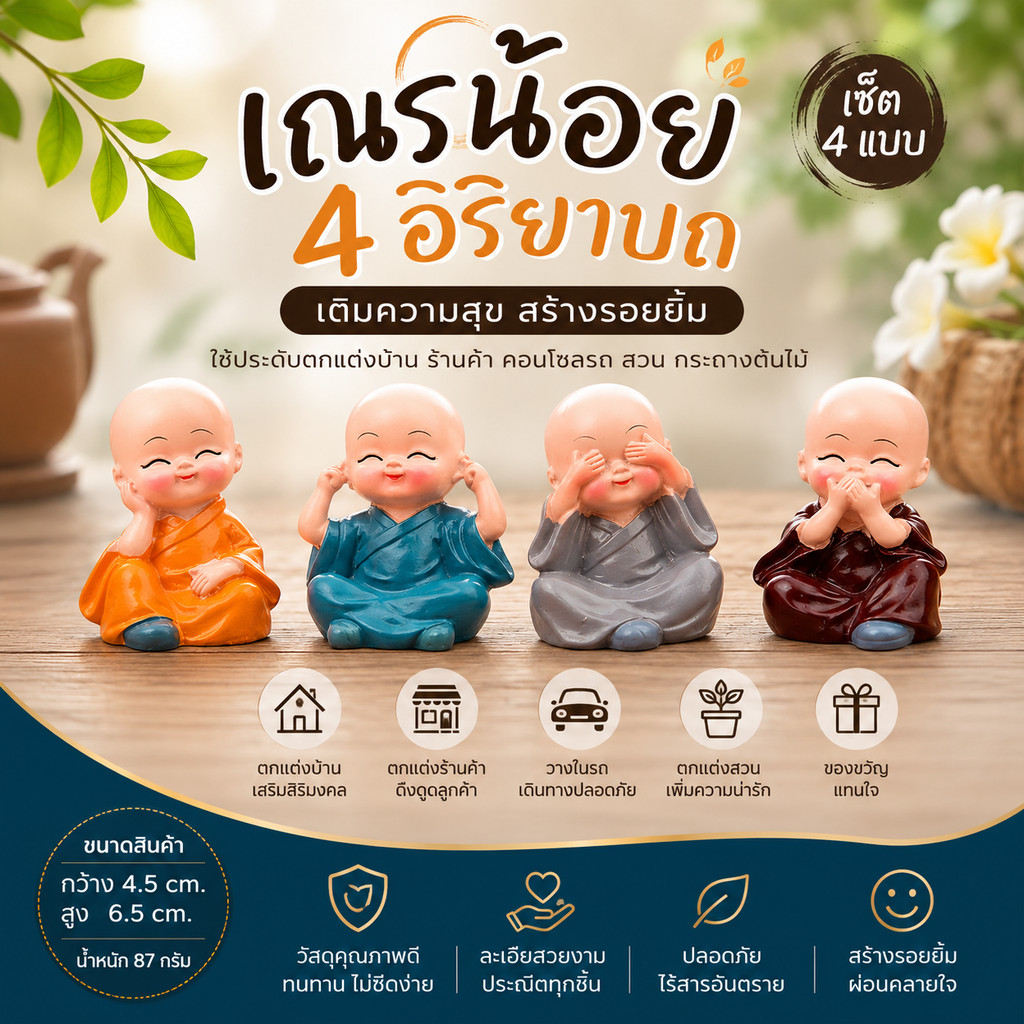 ตุ๊กตาเณรน้อย 4 อิริยาบถ ปิดหู ปิดตา ปิดปาก ปล่อยวาง ของแต่งบ้าน แต่งสวน คอนโซลรถ ของขวัญสื่อธรรมะ