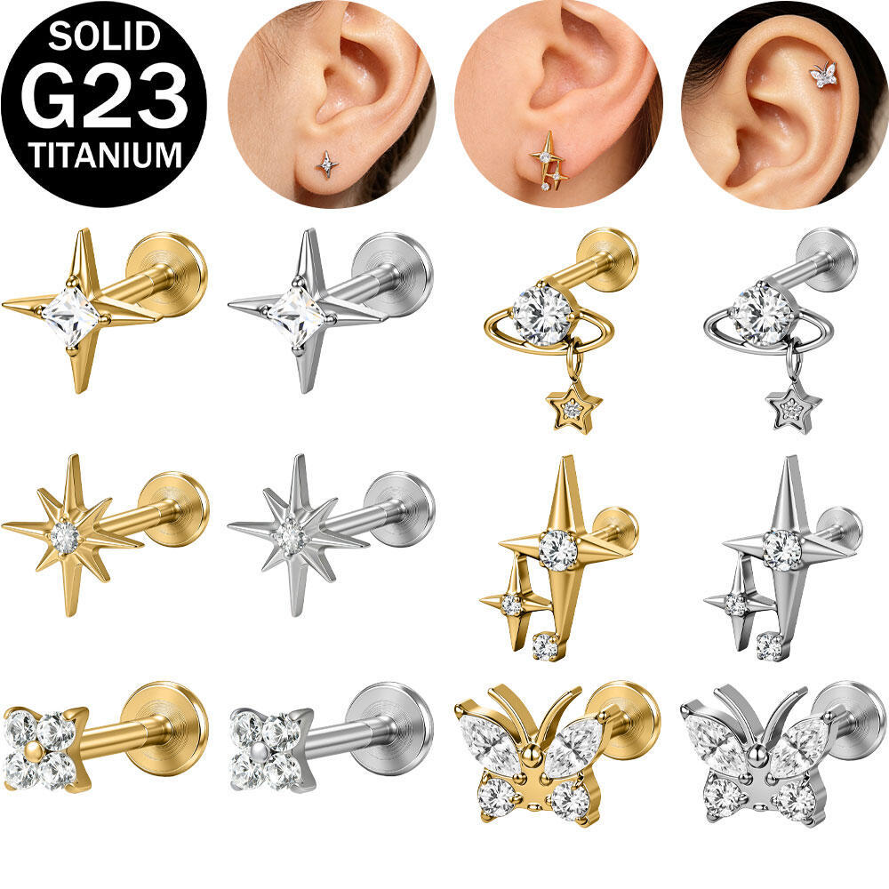 1 PC 16G Lip เจาะ G23 ไทเทเนียม Tragus เจาะ Star Light/Starry Sky/Four Leaf Clover Lip Navel เจาะ 8 มม. Helix Conch Tragus เจาะสําหรับผู้หญิงผู้ชาย