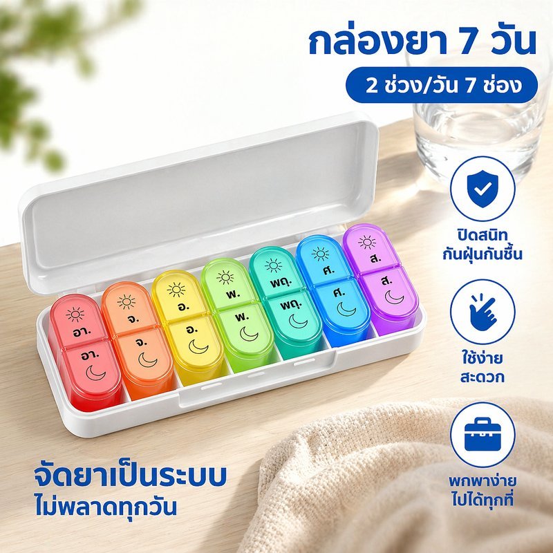 กล่องยา 7 วัน 2 ช่องต่อวัน กล่องใส่ยา พกพา กันชื้น กันฝุ่น ปิดสนิท ตลับยา รายสัปดาห์ เดินทาง