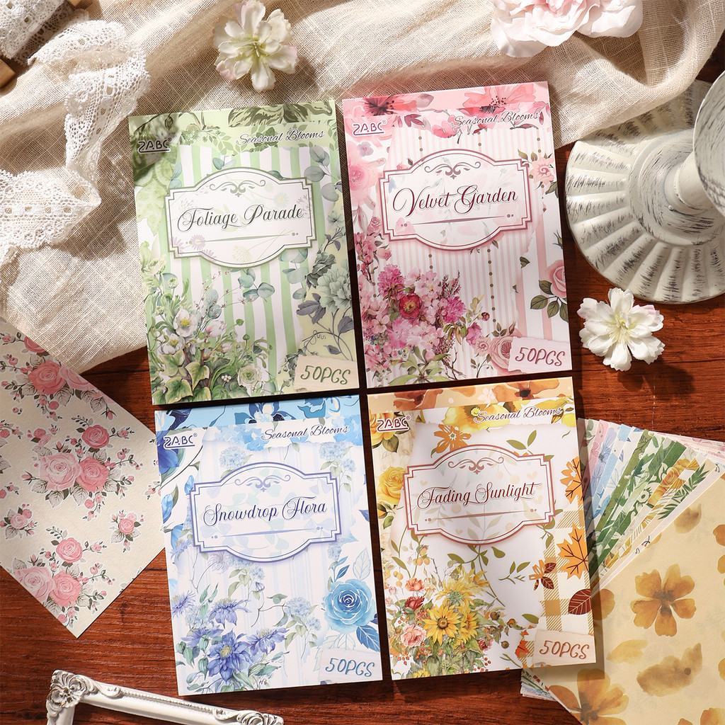QOUZMO Junk Journal Paper 50 แผ่น Self-Adhesive Vintage ดอกไม้ Washi กระดาษความงามสมุดภาพห่อของขวัญ DIY Decor ตามฤดูกาลดอกไม้ Letter Series