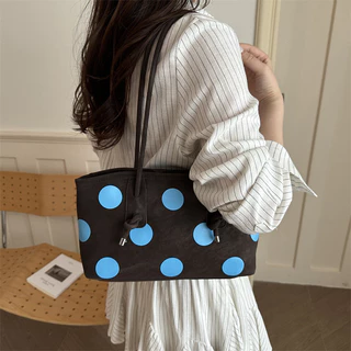 Retro Contrast สี Big Polka Dot Underarm Tote กระเป๋า PU กระเป๋าสะพาย Commuter Casual กระเป๋าถือความจุขนาดใหญ่