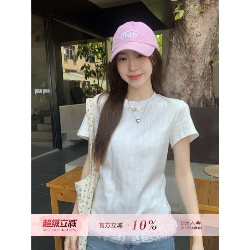 LINNA~Tเวอร์ชันเกาหลี คอวี ขอบลูกไม้ เสื้อแขนสั้น เสื้อเชิ้ต สไตล์หวาน