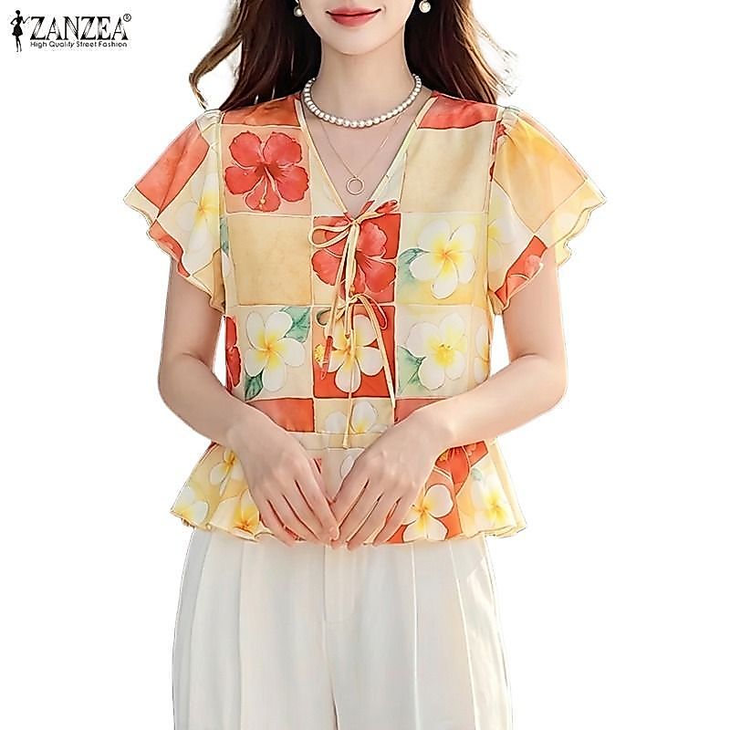 ZANZEA ผู้หญิงเกาหลี Elegant Art ความงาม V คอ Ruffle แขน Tie-Up Bows ดอกไม้พิมพ์ A-Line เสื้อ